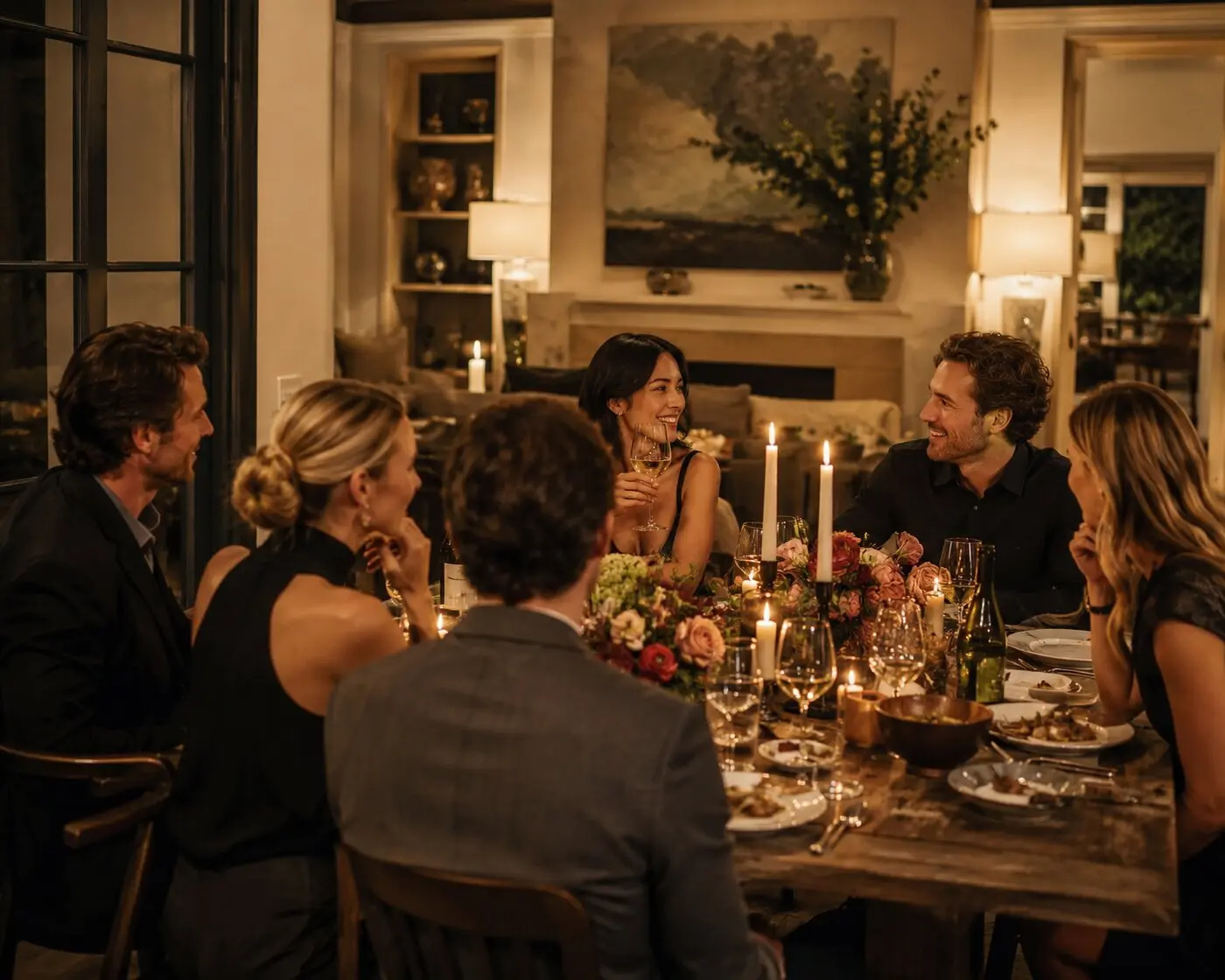 An intimate dinner party table set for an evening meal at home